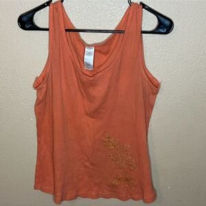 Vintage Vibrant Orange Cotton Tank Top with Yellow Embroidery - Size Large